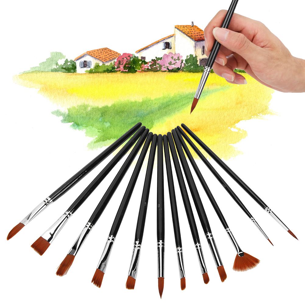 12 Pcs Painting Brush Nylon Hair Wooden Watercolor Gouache Painting Supply Kit