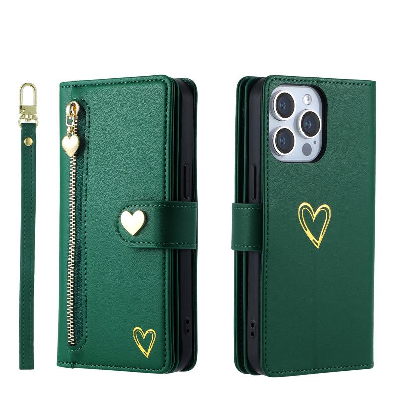 Applicable iPhone17ProMax Phone case with gold-embossed heart and zipper card slot17/16Flip cover with card slot15Wallet