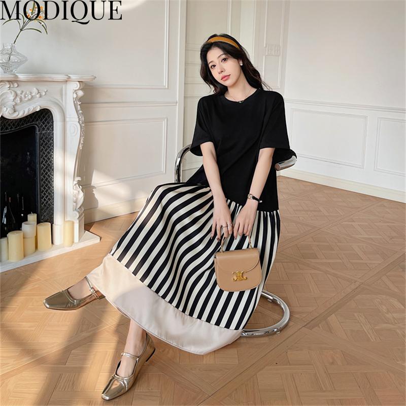 MODIQUE Sommerkleider für Damen in Übergröße, lockere, vielseitige A-Linie, Streifen, Patchwork, plissiertes Baumwoll-T-Shirt, lange Kleider für Damen, lässig, kurzärmelig, O-Ausschnitt