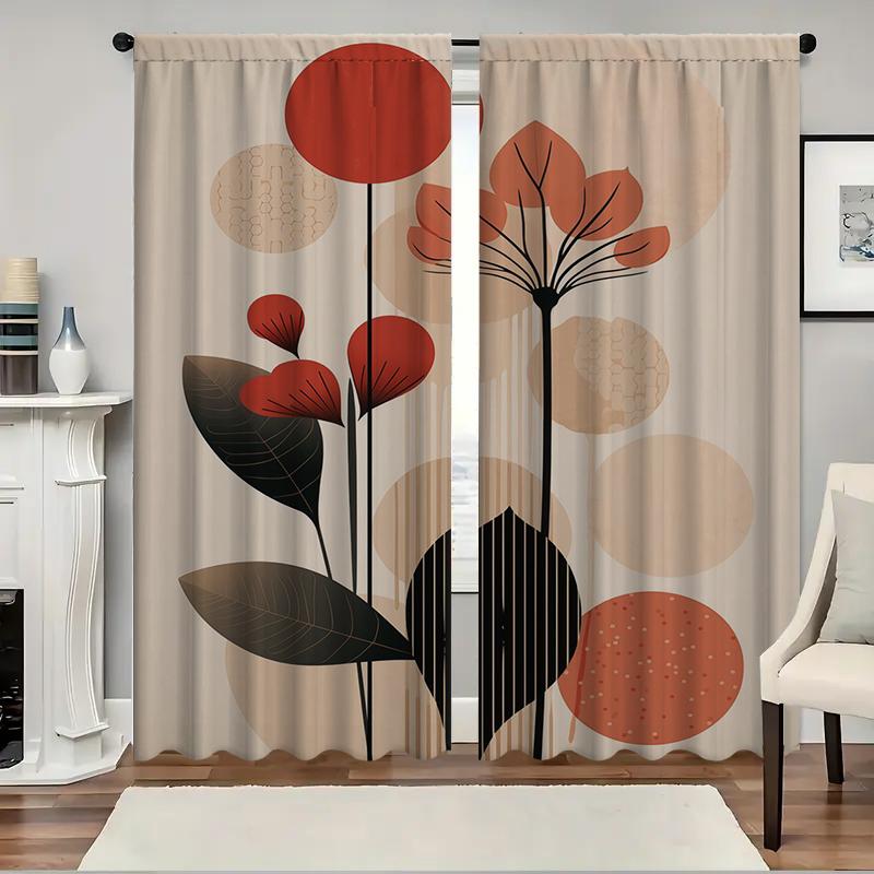 2 Stück Geometrische Blätter Vorhänge mit Landschaftshintergrund und Stangentasche, für Küche, Café, Wohnzimmer, Balkon