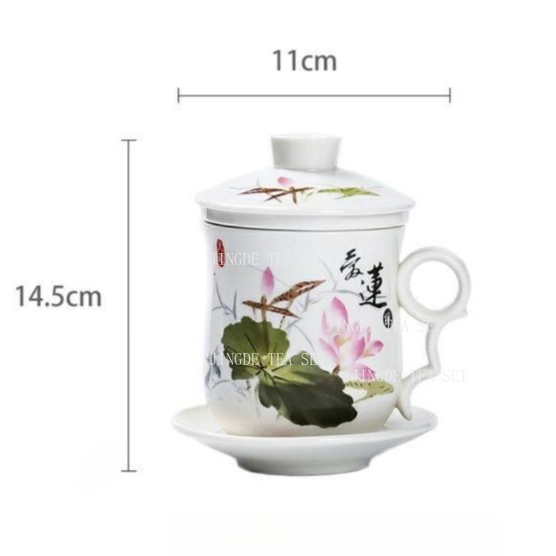 4-teiliges Teetassen-Set Persönliche Teetasse Keramik mit innerem Filter und Deckel Wasserbecher Blau-Weißes Porzellan Büro Konferenzbecher