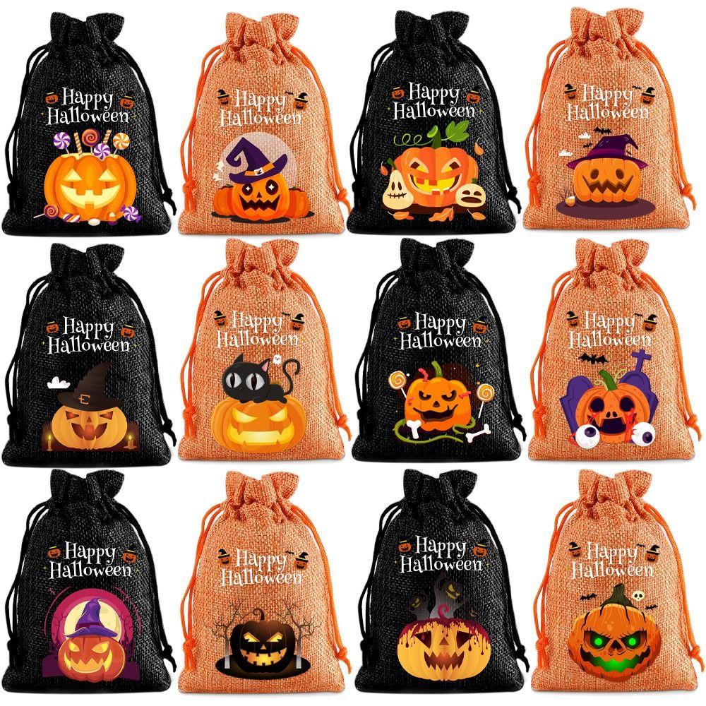 12Pcs Handheld Halloween Linen Drawstring Bags Pumpkin Ghost Pumpkin Sugar Pocket  Snacks