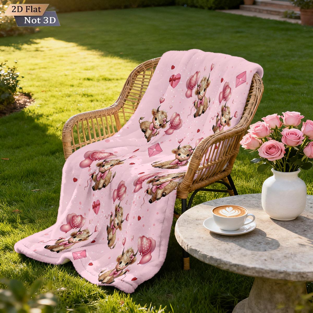 1pc pink Valentine s Day romantic highland cow print flannel blanket with various sizes soft comfortable nap leisure blanket 75x90cm