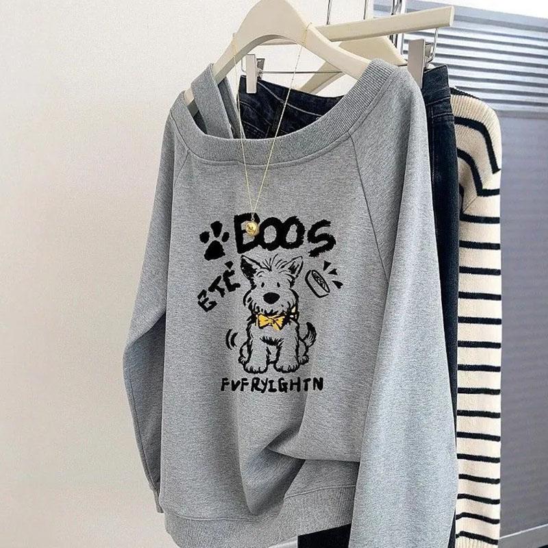 Sweatshirt for Women Cotton Oversize American-Style Off-Shoulder Loose Casual Pullover Long Sleeve Top Sweatshirt