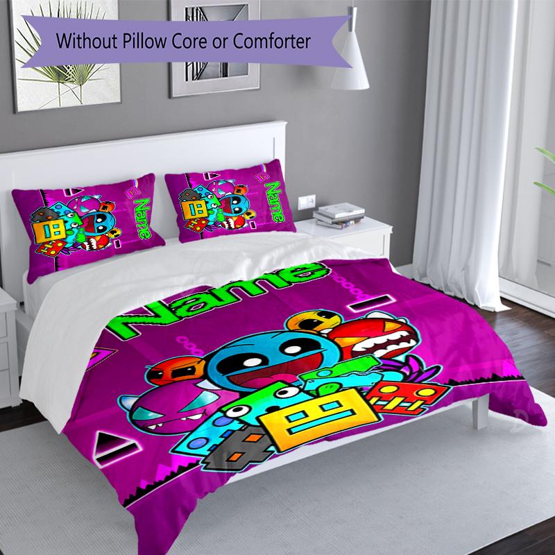 3pcs Custom Name Geometry Dash Set,Includes 1 Duvet Cover and 2 Pillowcases,All-season Bedroom Decor