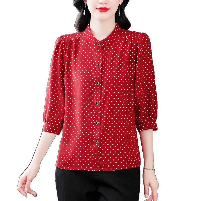 Spring and Autumn Ladies Polka Dot Western Style Small Shirt Fashion Three-quarter Sleeve Shirt