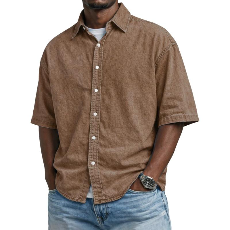 Summer Daily Business Casual Short Sleeve Shirts Men Solid Turn Down Collar Loose Blouse Male Tops