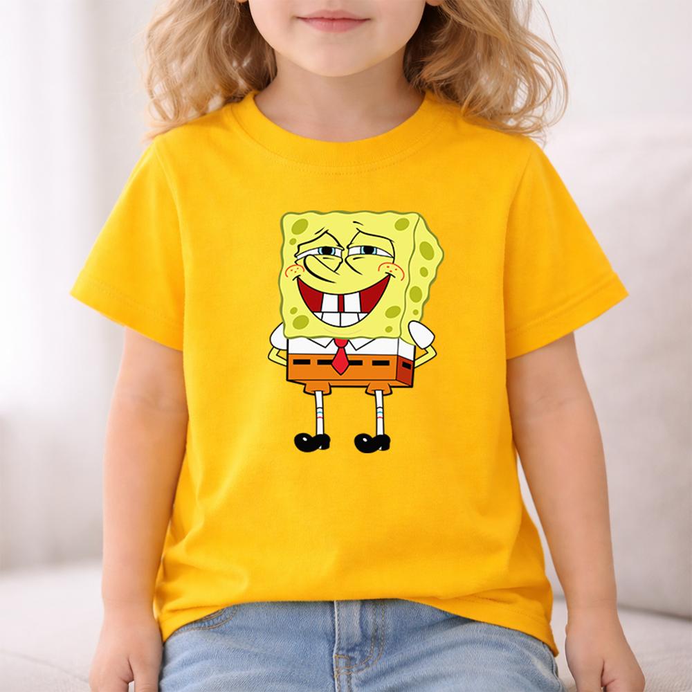 SpongeBob Happy Smile Character Kids Cotton T Shirt Iconic Cartoon Expression Comfortable Casual Clothing for Boys and Girls