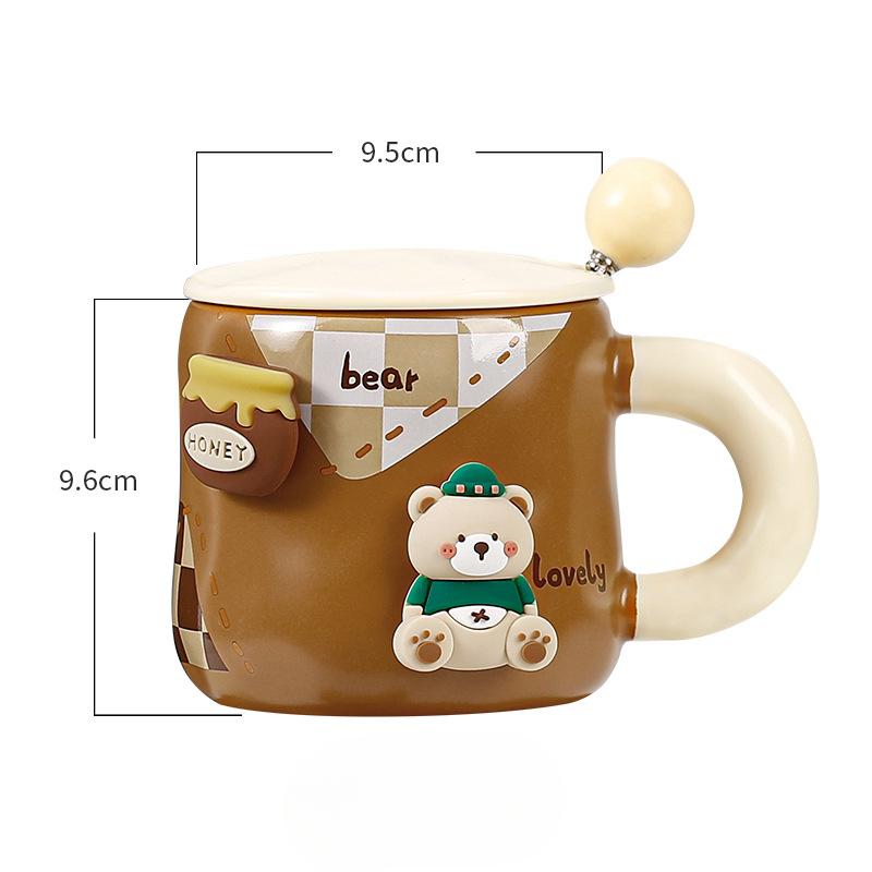 Household Suit with Lid and Spoon Mug Cute Bear Doll Ceramic Cup Large Capacity High Value Water Cup for Girls