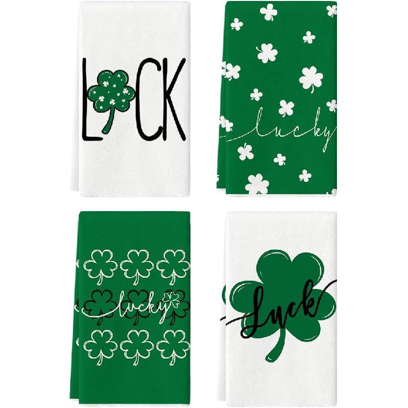 Artoid Mode Green Clover Shamrock Lucky St. Patrick's Day Kitchen Towels Dish Towels, 18x26 Inch Seasonal Decoration Hand Towels Set of 4