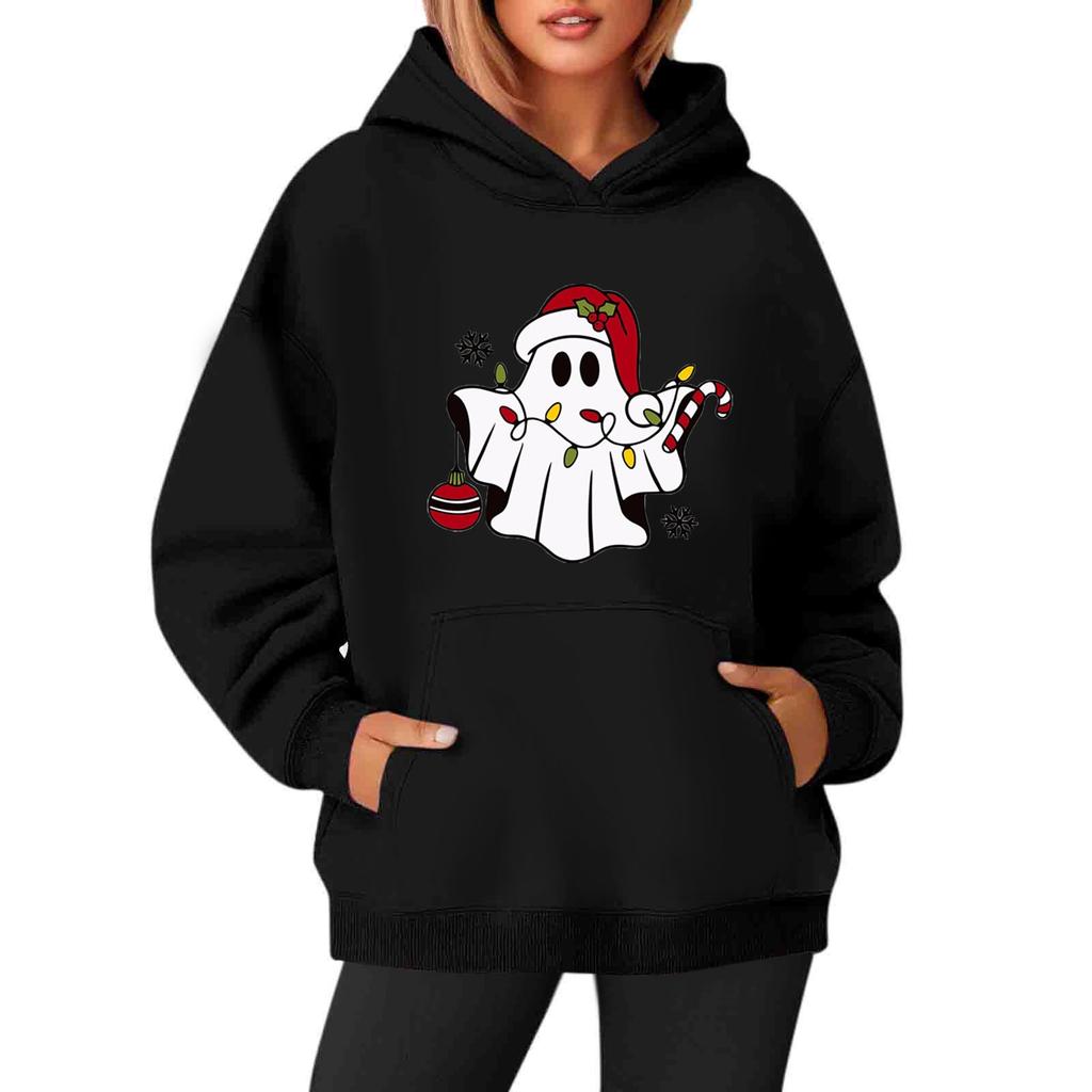 Women's Sweatshirts O-neck Long Sleeve Christmas Printed Top Solid Color Hoodie