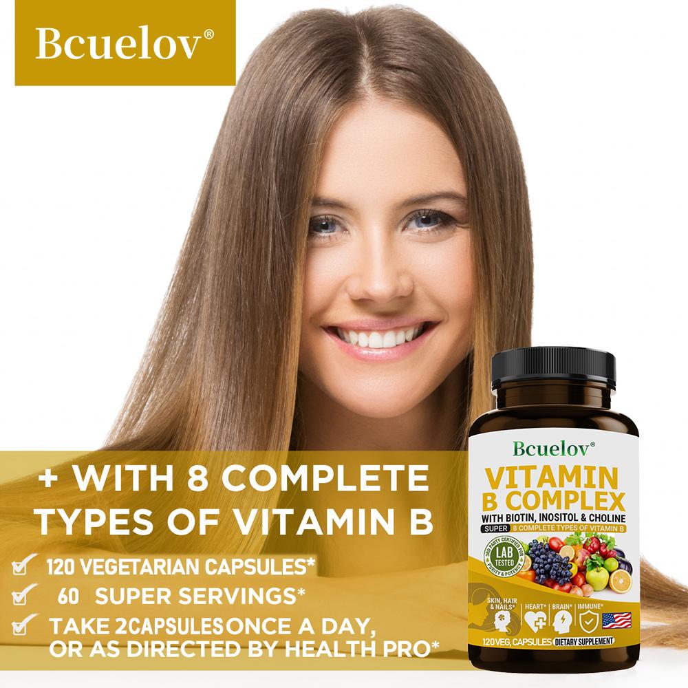 Bcuellov Vitamin B Complex Dietary supplement - With biotin, inositol, and choline -120 Vegetarian Capsules