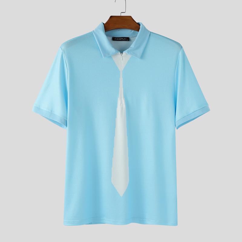 

INCERUN Men Lapel Neck Short Sleeve Tie Print Zipper Casual T-shirts Tops 5XL синий