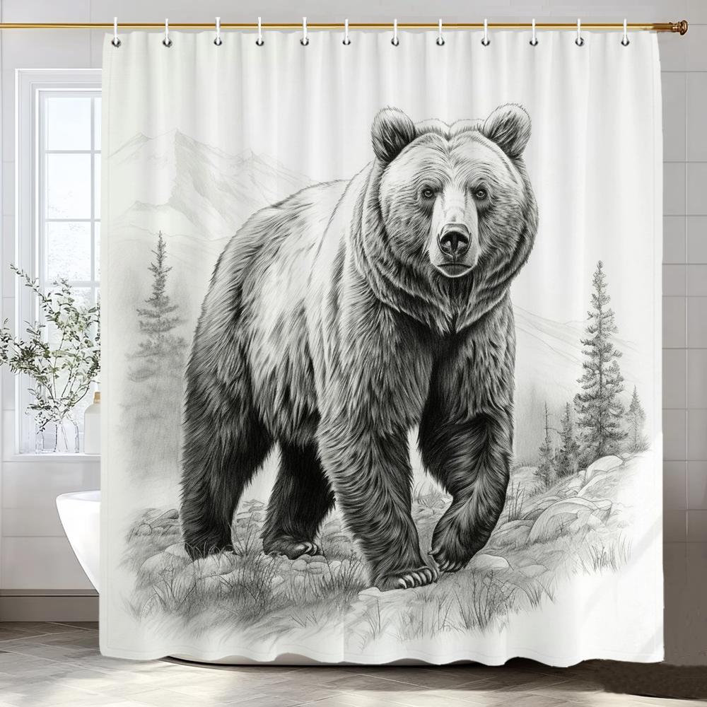 1 Piece Black Line Forest and Bear Shower Curtain, Bathroom Decorative Shower Curtain, Waterproof Shower Curtain with Hooks