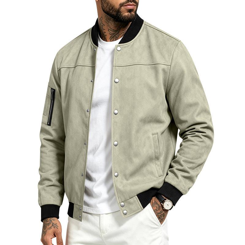 Men Faux‑Suede Bomber Jacket, Snap‑Button Front Contrast Ribbed Collar Cuffs Hem Zippered Sleeve Pocket Side Hand Pockets Casual Streetwear Outerwear