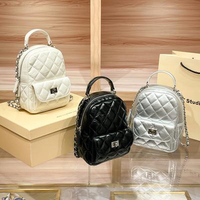 Leather Diamond Grid Chain Backpack for Women, New Fashionable Spring and Summer Small Fragrance Design, Niche Travel Backpack