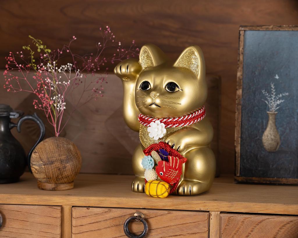Lucky Cat Waraku Medetai Right Hand Cat Lucky Cat Maneki Cat Lucky Feng Shui Ornament Offerory Box Gold (M-SIZE Gold) Raised/Pottery_Lucky (tai_M