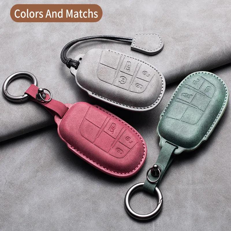 Leather Car Key Case Cover Shell For Jeep Chrysler 300 200 Dodge Charger Grand Cherokee Wrangler Compass Renegade For Fiat 500X