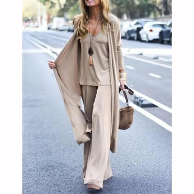 Women Autumn Tracksuits Pant Sets Fashion Casual Set Solid Tank Cardigans Wide Leg Trousers Suit
