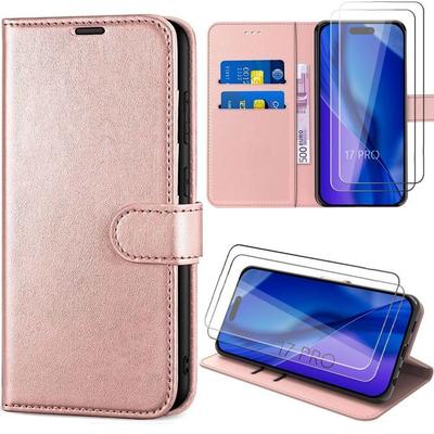 Case for iPhone 17 Pro - BOOLING - Shockproof Wallet Case Pink PU Leather - 2 Tempered Glasses