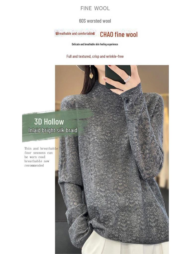 2025 Spring Worsted Wool Knit Sweater: Half-High Neck, Long Sleeve, Floral Hollow Design Pullover