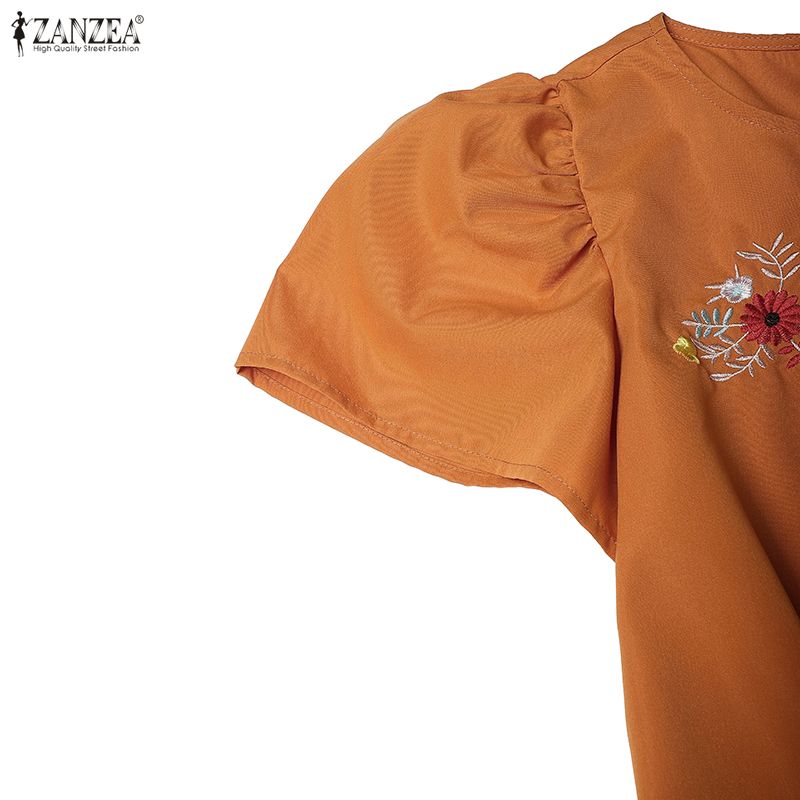 ZANZEA Women Casual Round Neck Loose Floral Embroidery Short Sleeve Dress