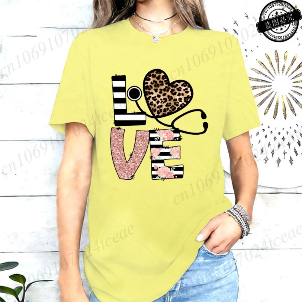LOVE Stethoscope Heart Rose T-Shirts,Leopard Nurse T Shirt for Women,Nurse Week Gift,short Sleeve Tees,summer Fashion Shirts