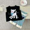 Girls' Cartoon Sheep Summer Set: Lace Trim Vest & Striped Cycling Shorts