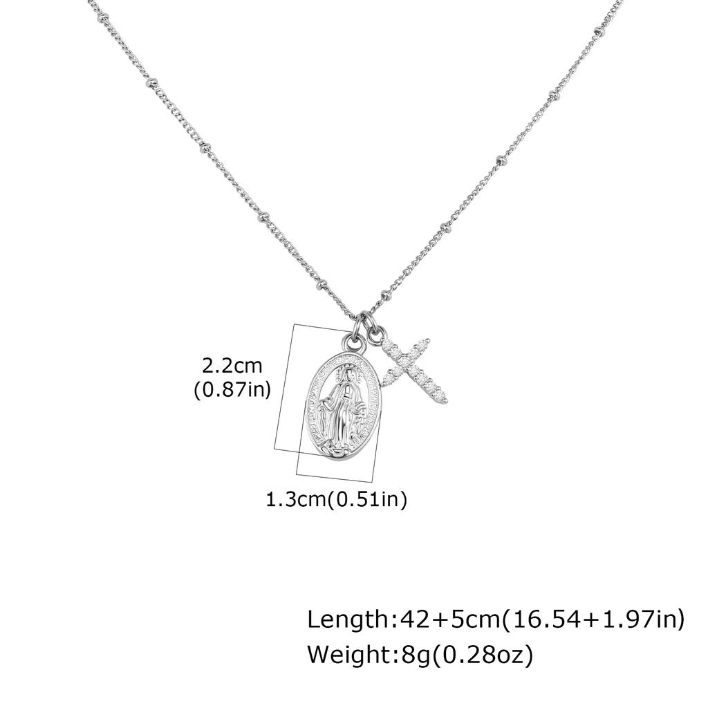 Zircon Cross Virgin Mary Pendant Necklace for Women,Stainless Steel Gold Plated Bead Chain Necklace, Religious Prayer Jewelry