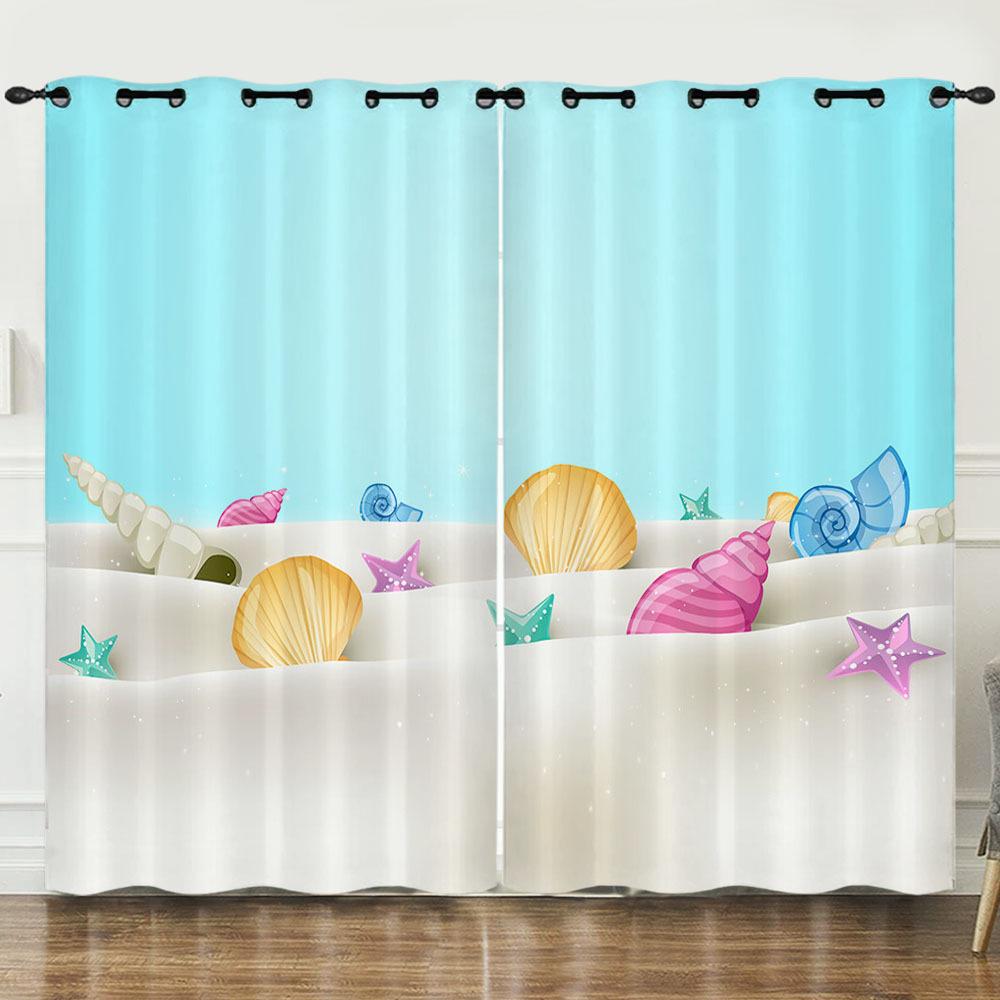Curtains Summer Vitality Orange Beach Digital Printing Blackout Curtain Punching