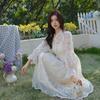 Elegant Lace Dress Women Mesh Embroidery Lanetern Sleeve Elegant Vintage Long Robe Holiday Prom Party Dresses