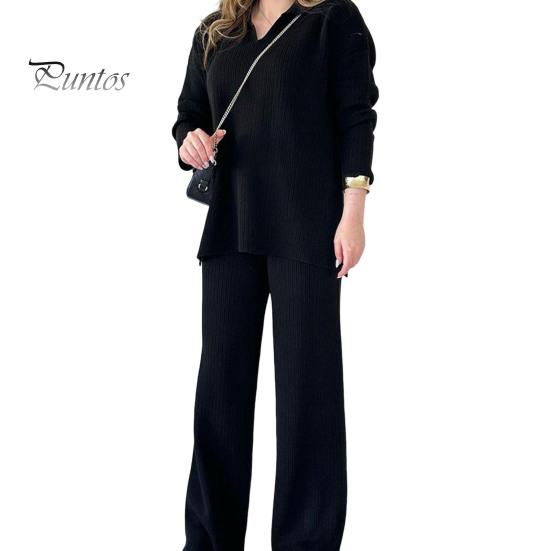 

2 шт./комплект женский трикотажный наряд V-образный вырез длинный рукав топ высокая талия широкие брюки нитки домашняя повседневная одежда пижамный комплект осенне-зимний спортивный костюм комплект S чёрный