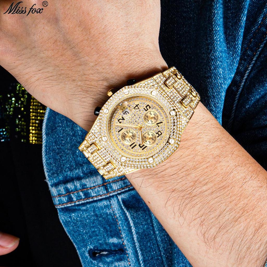 MISSFOX Men's Hip-Hop Fashion Chronograph: Full-Diamond Three-Eye Small Dial Sport Watch