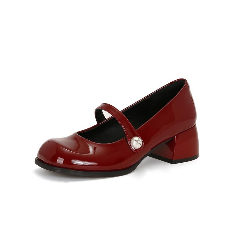 Sheepskin round head thick heel pearl word with thick heel Mary Jane shoes women's high heels versatile light mouth single shoes