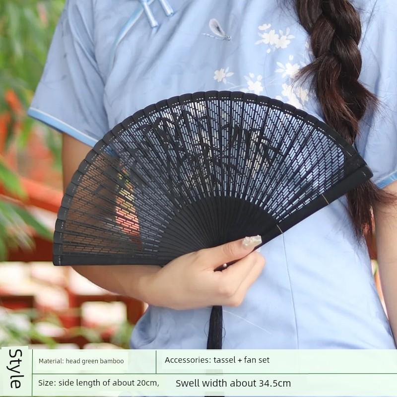 Fan Full Bamboo Folding Fan Carved Foldable Mini Fan Small Size Portable Chinese Style Chinese Ancient Style Dance Fan Green for Women