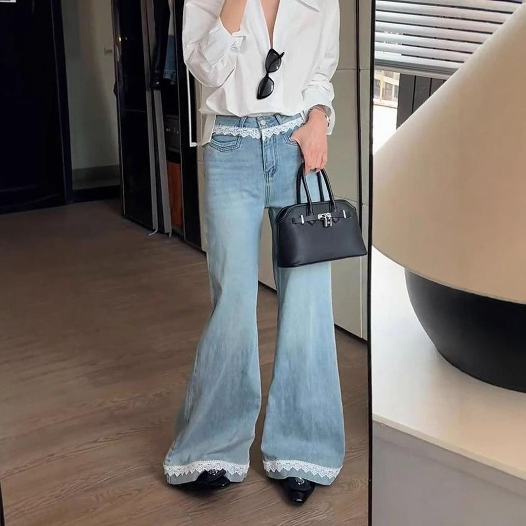 Light Blue Lace Lace Splicing Micro Flared Jeans Women's Design High-waisted Skinny Broad-legged Long Trousers Jeans for Women Long Denim Pants