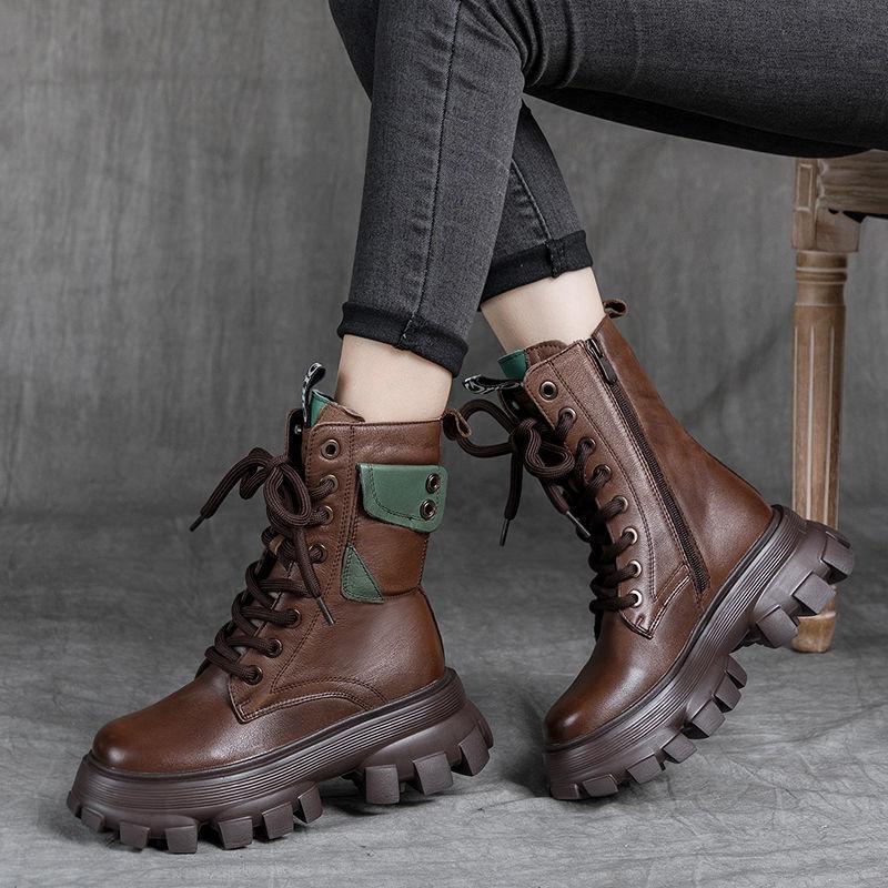 

Ботинки «Локомотив» Ботинки «Мартин» Женские короткие ботинки в стиле ретро Красивые кожаные ботинки с застежкой-молнией сбоку, шнуровкой и толстой подошвой, увеличивающие голенище 40