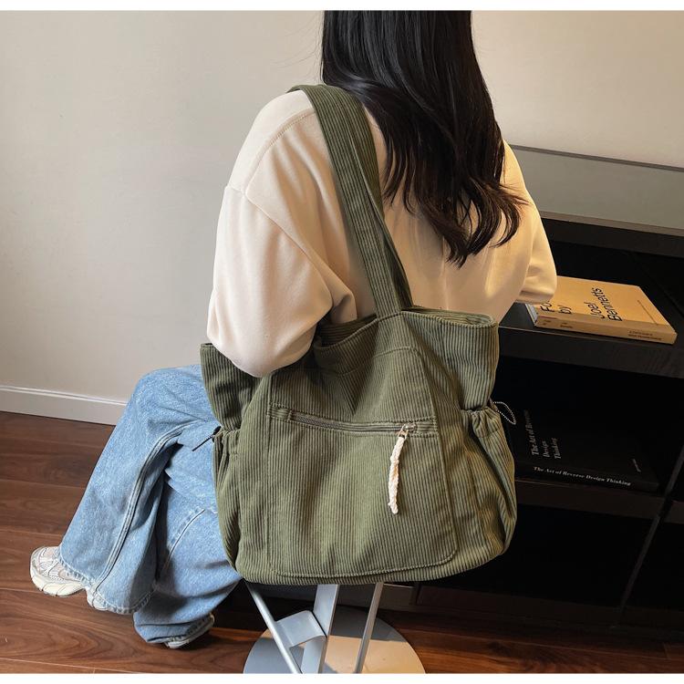 Vintage Corduroy Tote Bag for Women Large Capacity Shoulder Bag Casual Handbag College School Shopping Travel Tote Bag