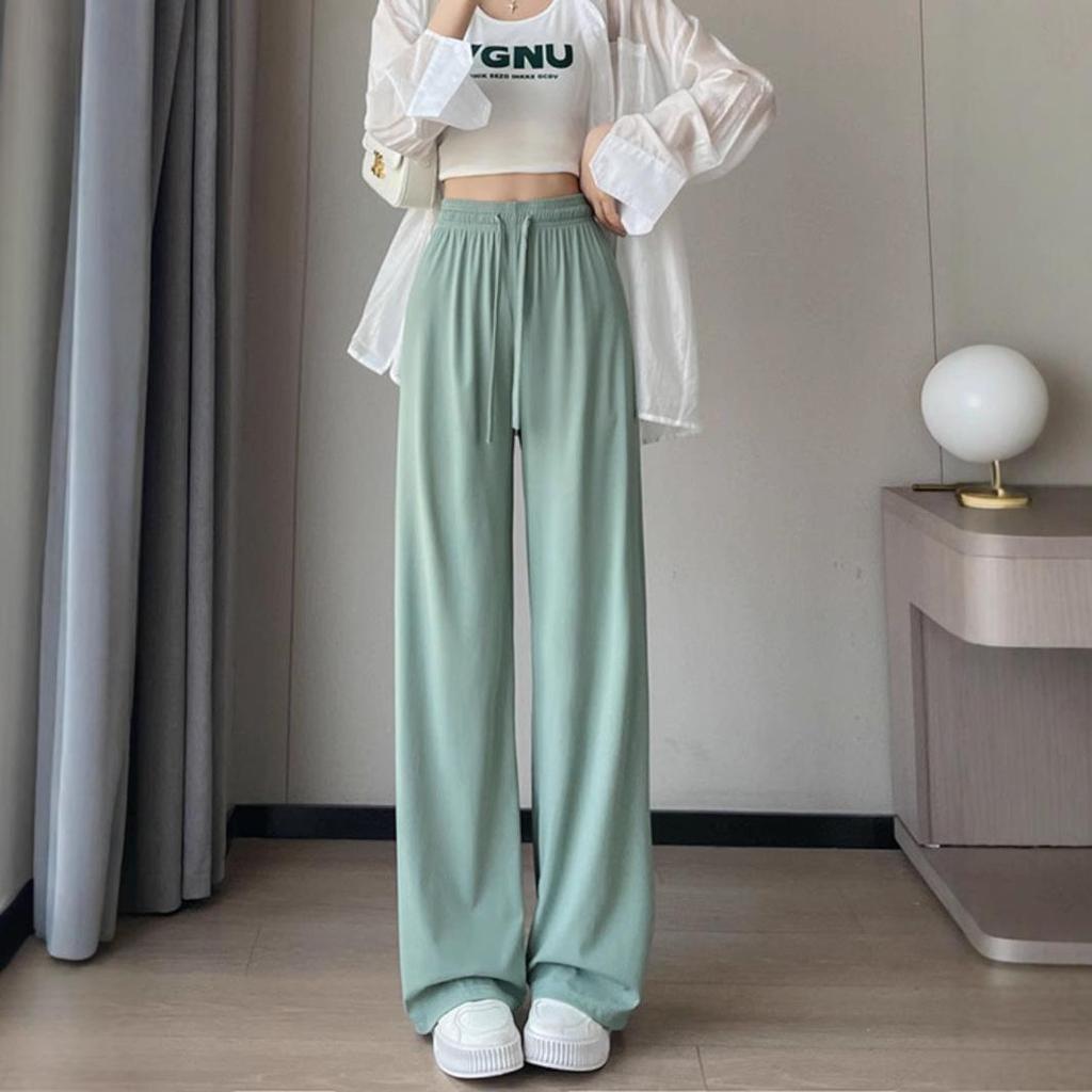 2025 Women's Summer Ice Silk Wide-Leg Floor-Length Pants - Thin, Loose, Slimming, Casual Straight Leg Fit