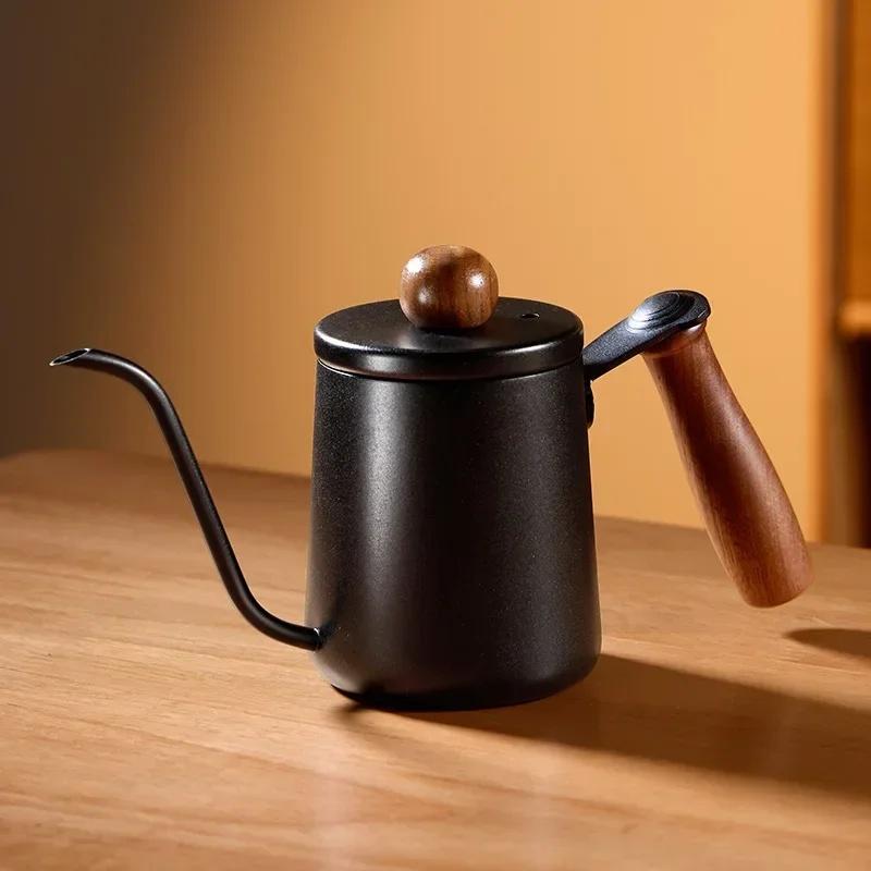 

350/600ML Hand Brewed Coffee Pot 304 Stainless Steel Household Narrow Mouth Solid Wood Handle Milk Foam Kitchen Cafe Accessories