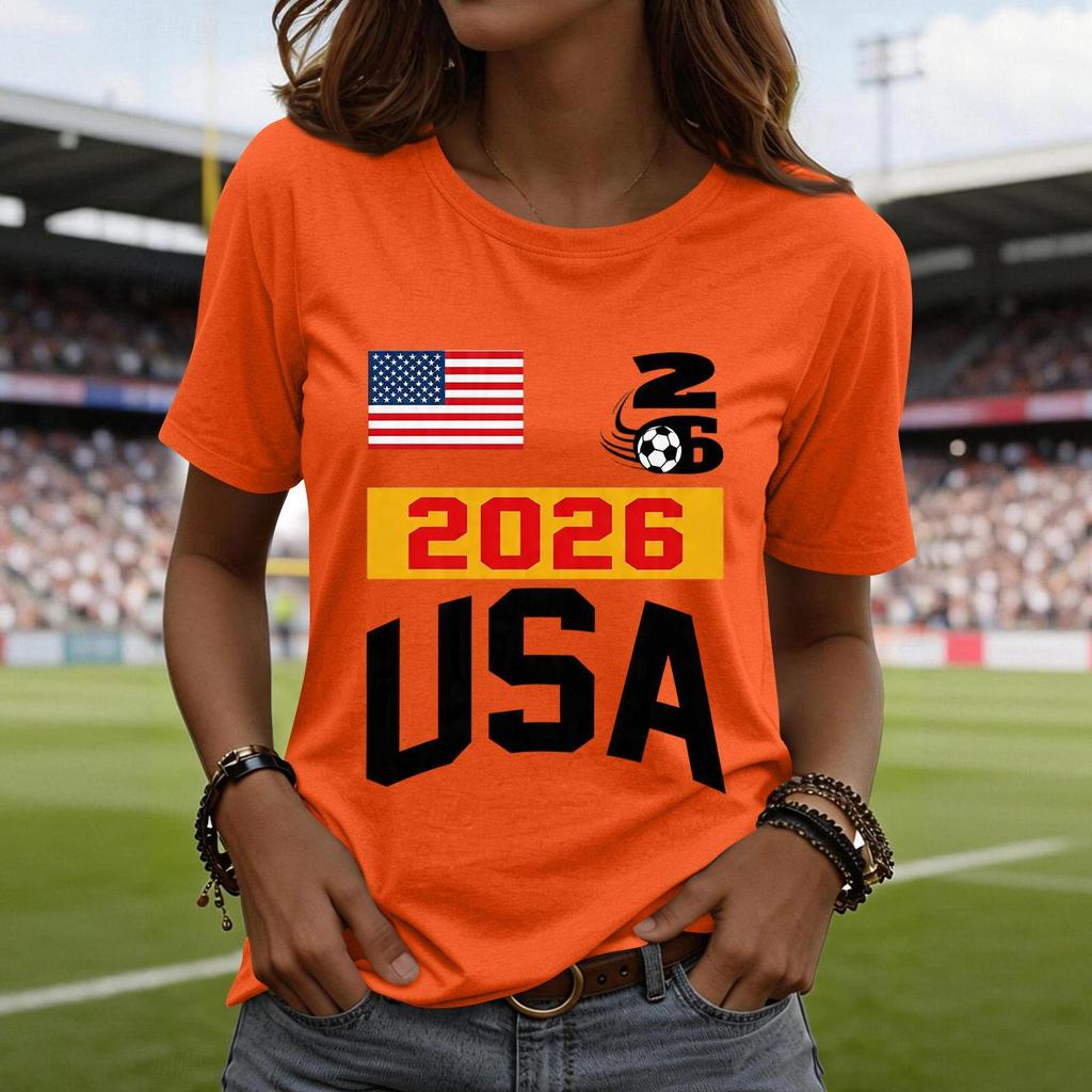 Women's Casual Short Sleeve T-Shirt Fashion Soccer World Cup Printed Crew Neck Top Lightweight Comfortable Fit USA 2026 Design