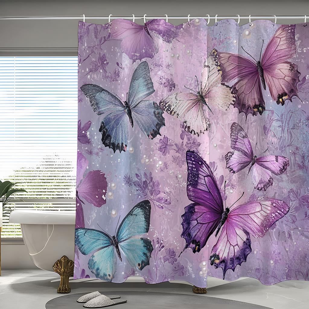 1 Piece Stain Resistant Polyester Shower Curtain with Hooks - Vivid Purple Butterfly Floral Digital Print, Shower Privacy