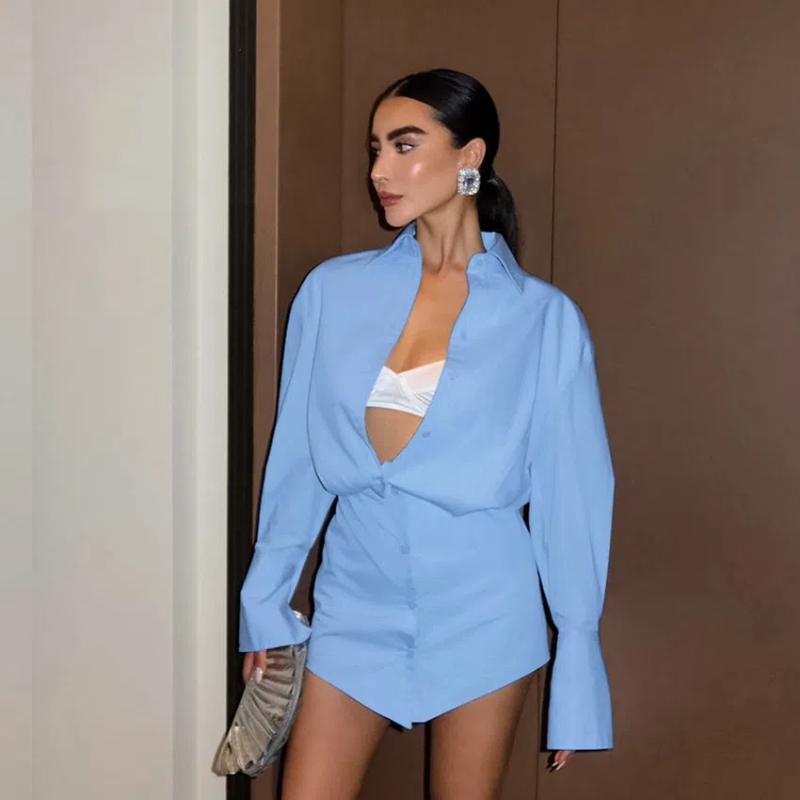 

Весна Лето Новая Мода Отложной Воротник Длинный Рукав Однотонная Корейская Блузка Женская Одежда Пуговичная Лоскутная Шикарные Платья L синий