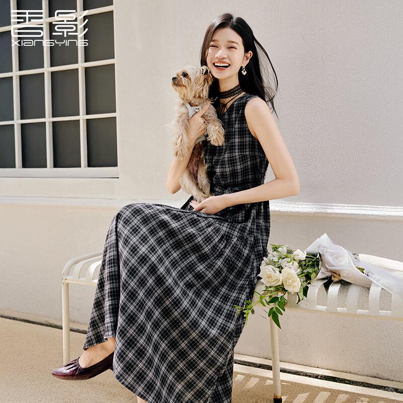 Xiangying Women s French Retro Sleeveless Plaid Dress S