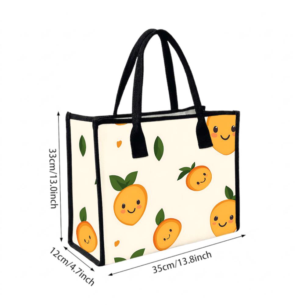 Cute Smiling Citrus Print Tote Bag Casual Daily Use Canvas Shoulder Handbag for Shopping Trip