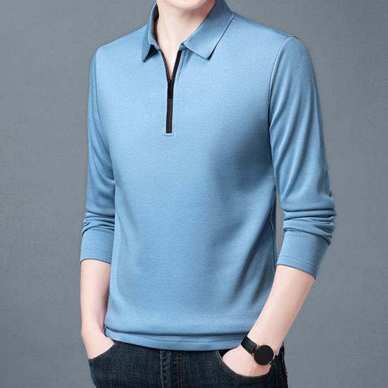 Camisa masculina de cor sólida, camisa de negócios com lapela, zíper, decote, manga comprida, pulôver, primavera, outono, slim fit, camiseta de trabalho