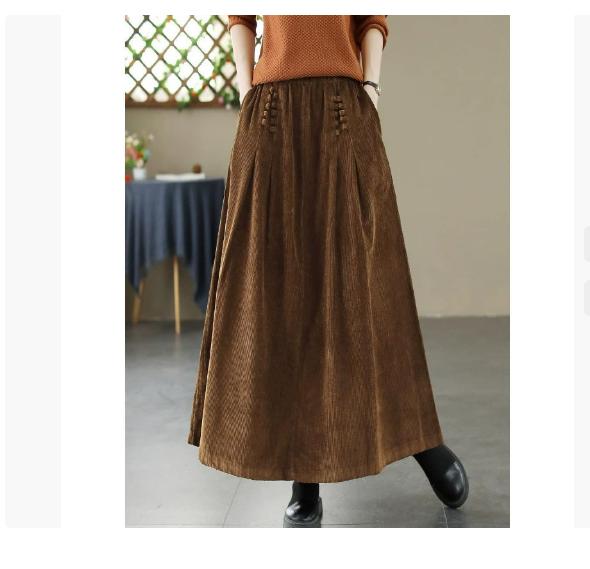 Women Vintage Corduroy A-Line Skirts Elastic Waist Solid Color Patchwork Pockets 2025 Spring New Thick Women Skirts