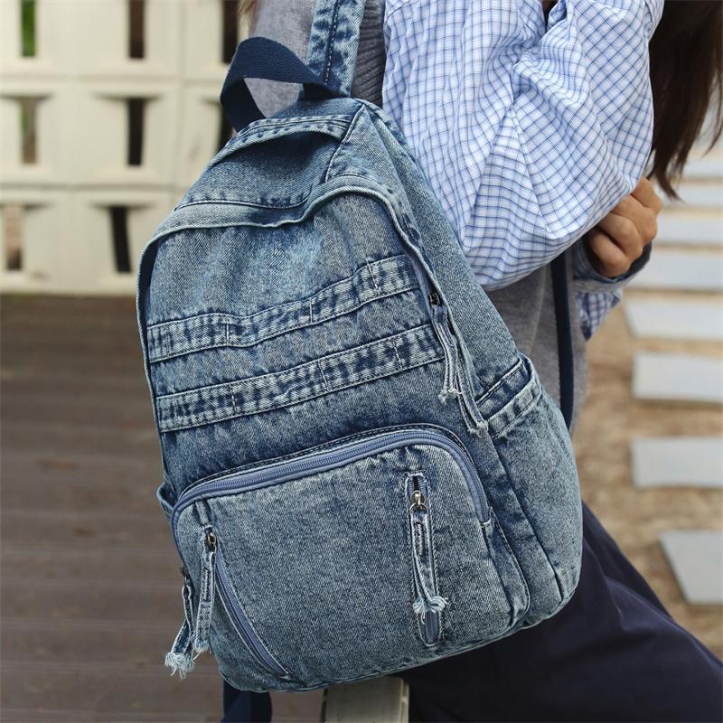 Denim Backpack Large Capacity Student Schoolbag Travel Commuter Backpack