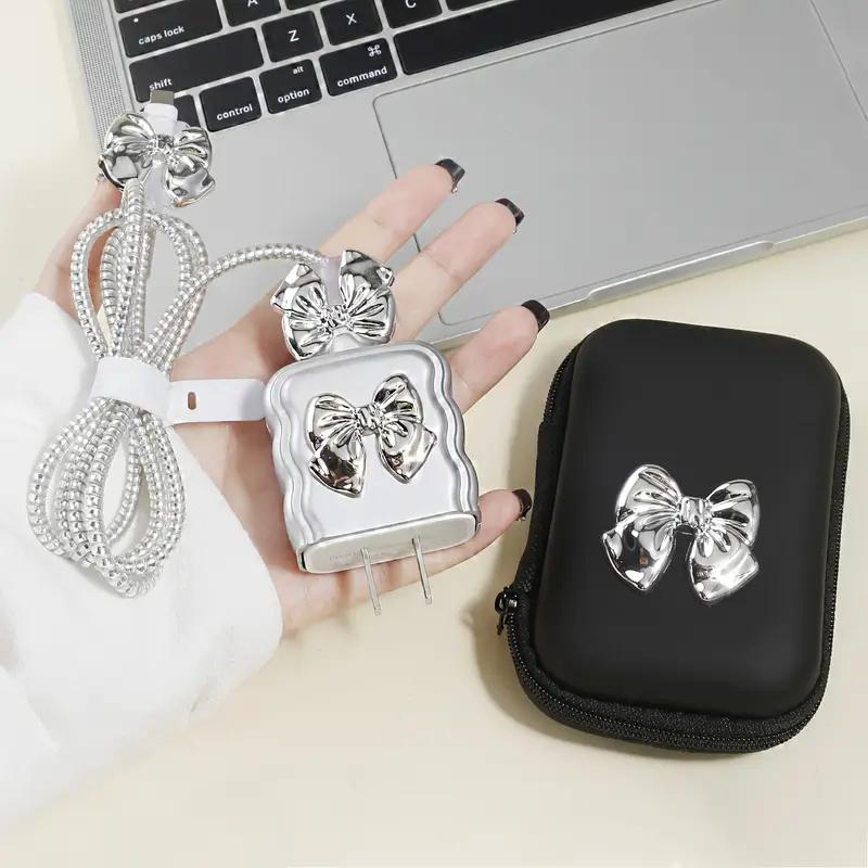 

Luxury 3D Cute Silver Bowknot + EVA Storage Bag Set Charger Cover For IPhone 11 12 13 14 18W-20W Charge Correa Protection Sleeve