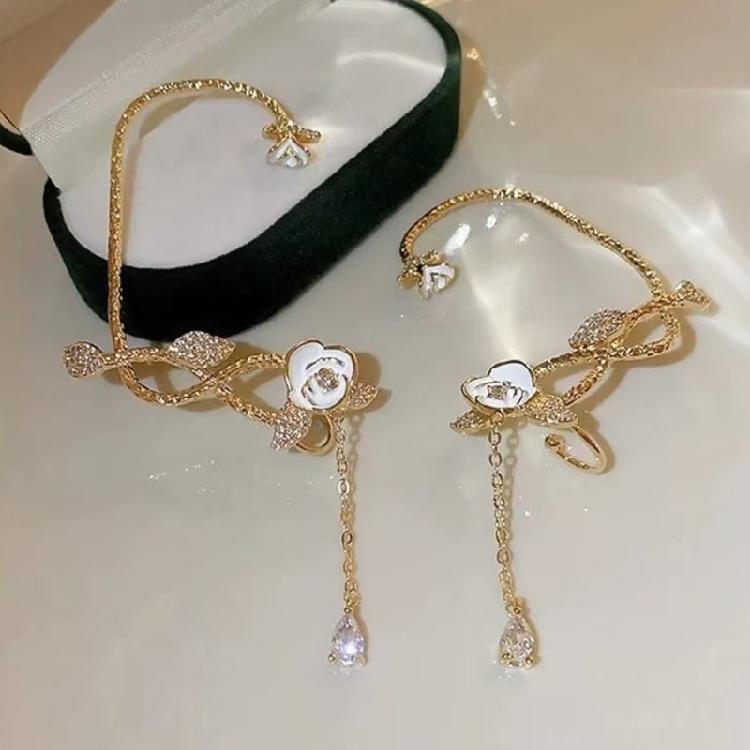 Camellia Tassels Ear Cuff with Zircon Comfortable Ear Clip Unique Flower Earring Handmade Evening Dress Accessory